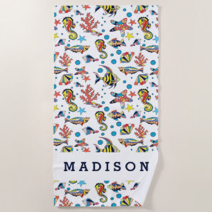 Add Your Name   Colourful Underwater Sea Life Beach Towel