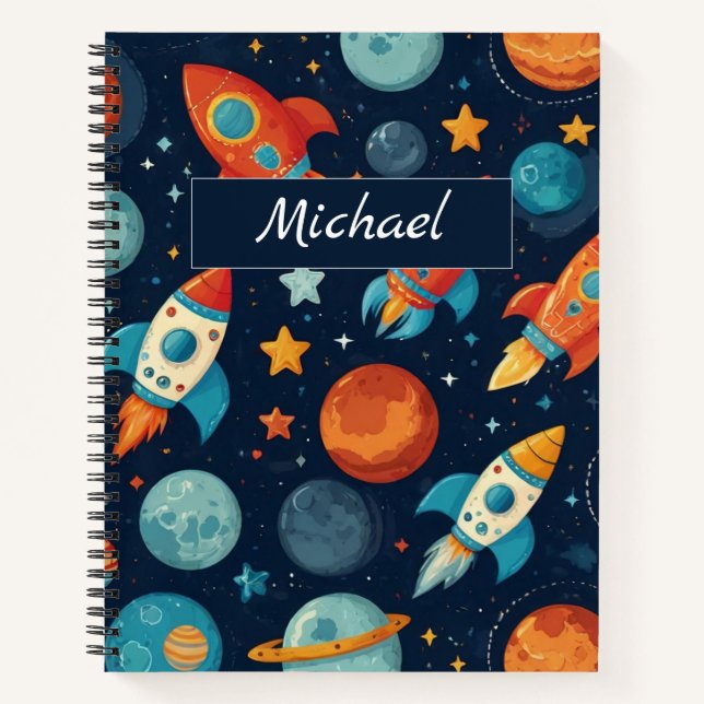Add Your Name Cool Rocket Space and Planets Kid's Notebook (Front)