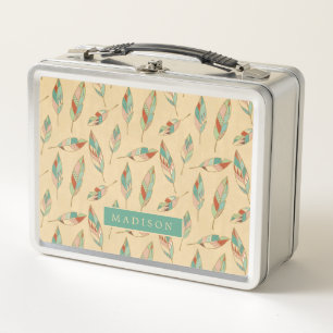 Add Your Name Coral Feather Pattern Metal Lunch Box