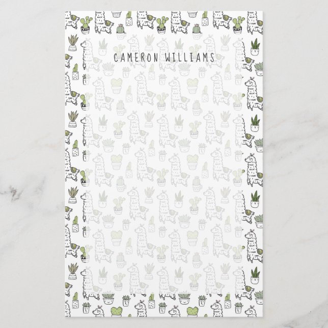 Add Your Name | Cute Alpaca & Cactus Pattern Stationery (Front)