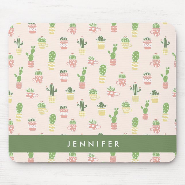 Add Your Name | Cute Cactus Pattern Mouse Mat (Front)
