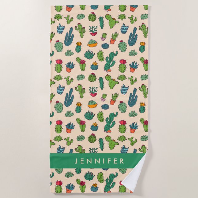 Add Your Name | Cute Cactus Standing Pattern Beach Towel (Front)