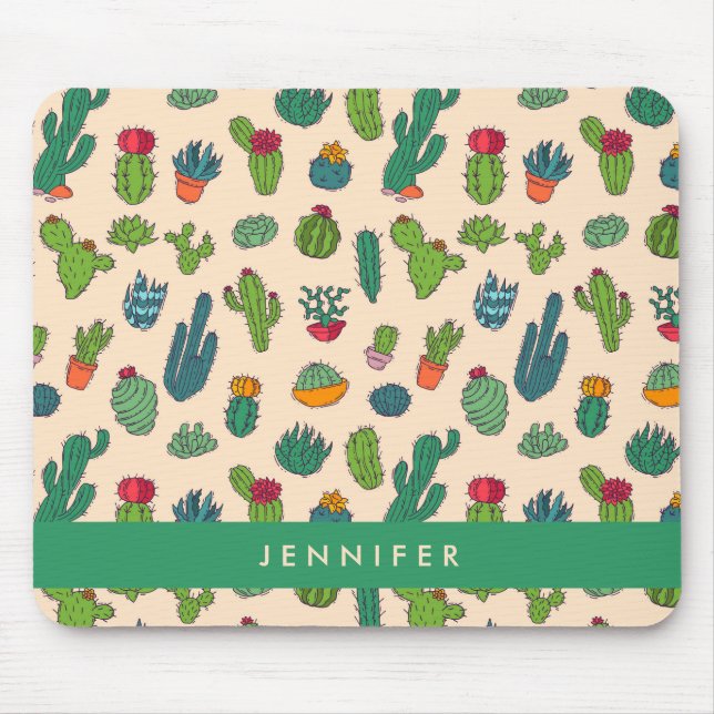 Add Your Name | Cute Cactus Standing Pattern Mouse Mat (Front)