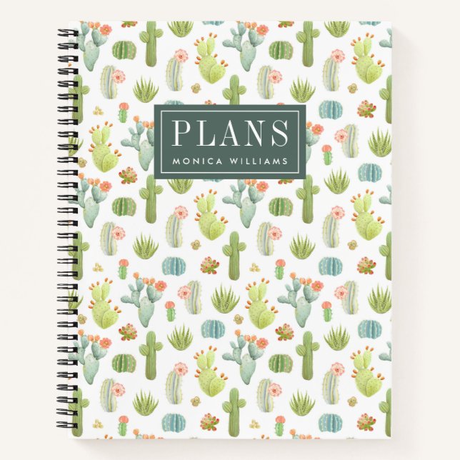 Add Your Name | Cute Cactus Standing Pattern Notebook (Front)