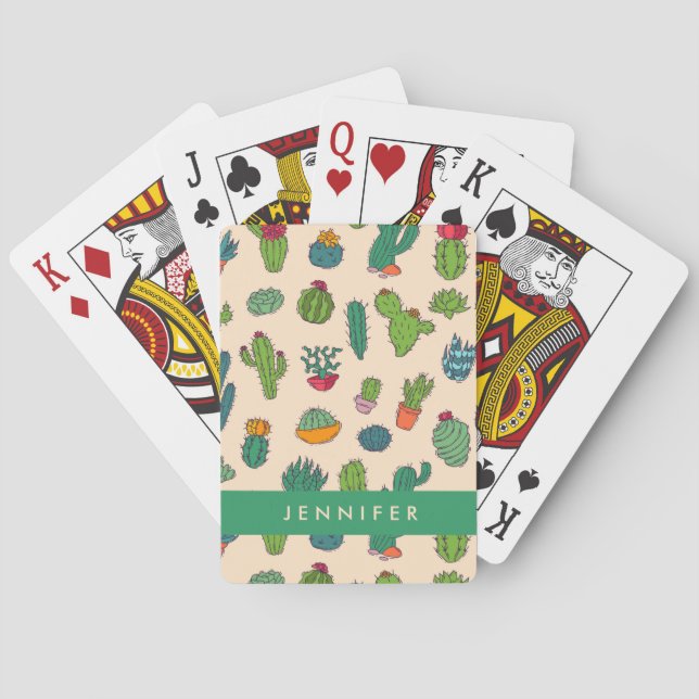 Add Your Name | Cute Cactus Standing Pattern Playing Cards (Back)