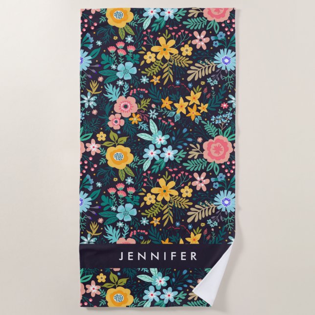 Add Your Name | Cute Colourful Floral Pattern Beach Towel (Front)