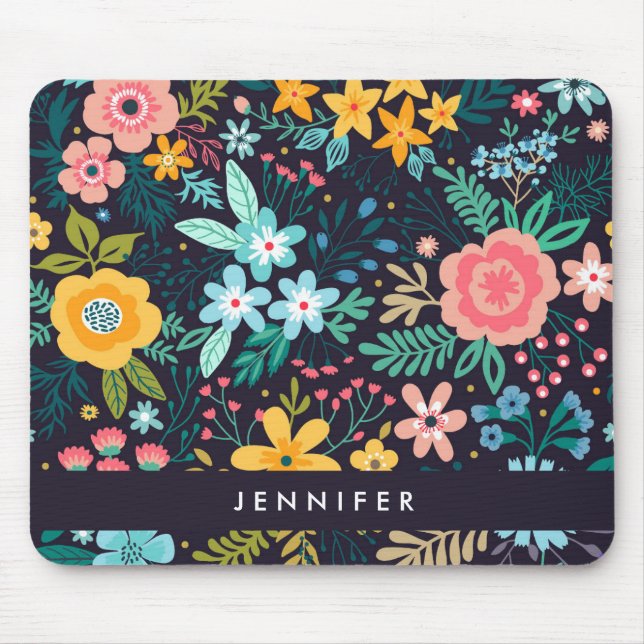 Add Your Name | Cute Colourful Floral Pattern Mouse Mat (Front)