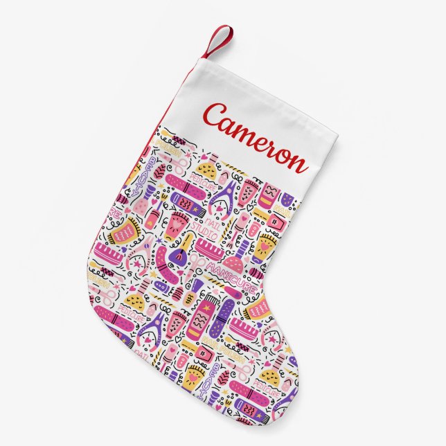 Add Your Name | Cute Doodle Manicure Pattern Small Christmas Stocking (Front (Hanging))