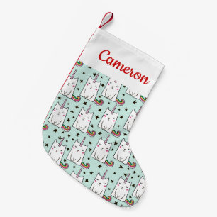 Add Your Name   Cute Hand Drawn Unicorn Cat Small Christmas Stocking
