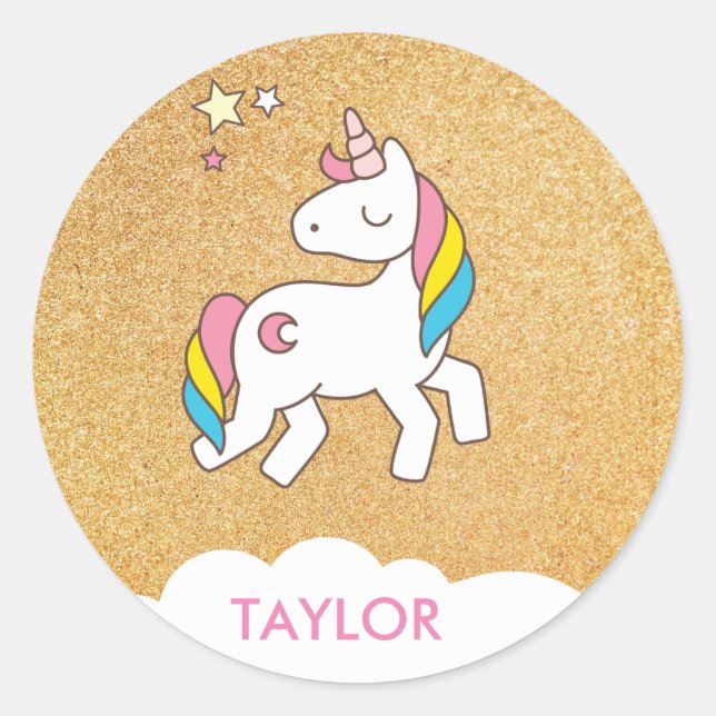 Add Your Name Cute Magical Unicorn Personalised Classic Round Sticker (Front)
