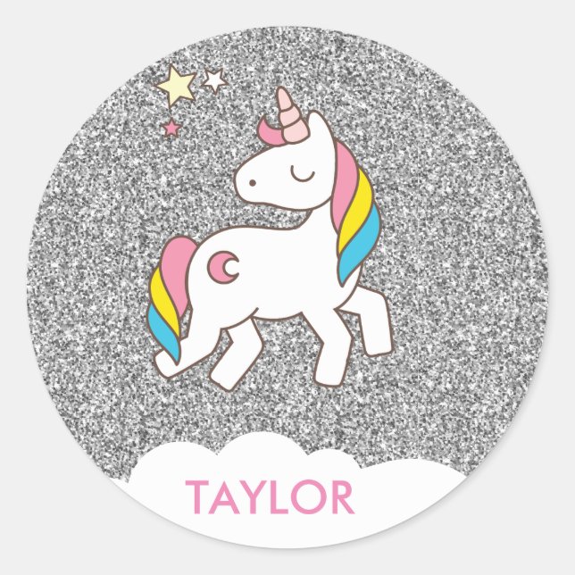 Add Your Name Cute Magical Unicorn Personalised Classic Round Sticker (Front)