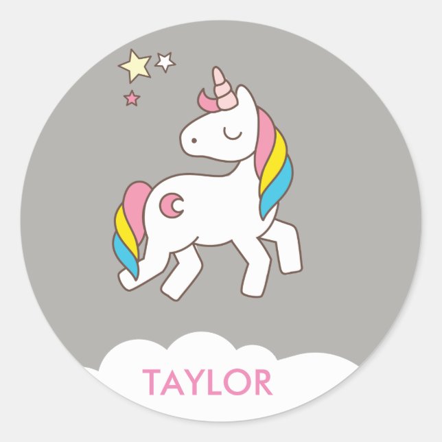 Add Your Name Cute Magical Unicorn Personalised Classic Round Sticker (Front)