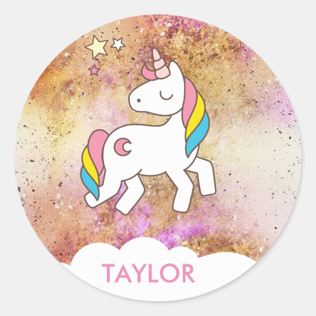 Add Your Name Cute Magical Unicorn Personalised Classic Round Sticker (Front)