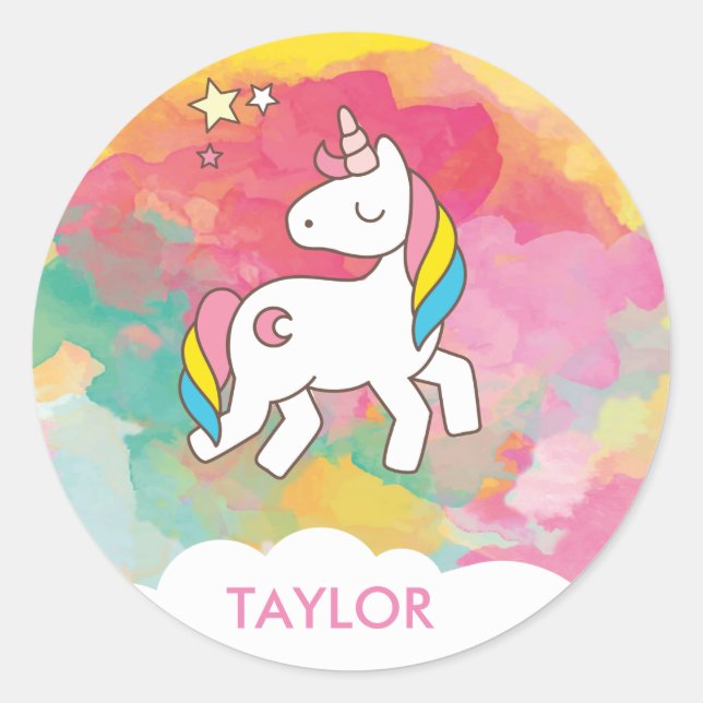 Add Your Name Cute Magical Unicorn Personalised Classic Round Sticker (Front)