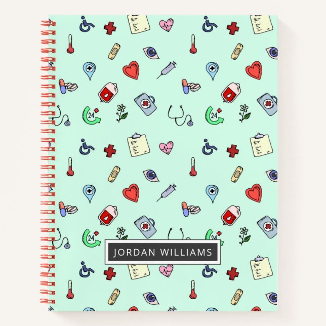Add Your Name | Cute Medical Icon Pattern Notebook (Front)