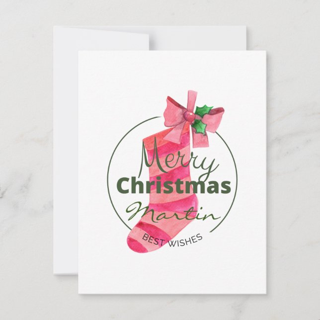 Add your name cute pink Christmas sock script chic Card (Front)