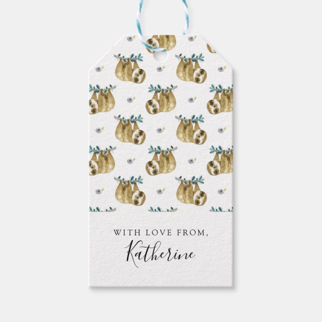 Add Your Name | Cutie Pie Watercolor Sloth Pattern Gift Tags (Front)