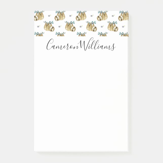 Add Your Name | Cutie Pie Watercolor Sloth Pattern Post-it Notes (Front)