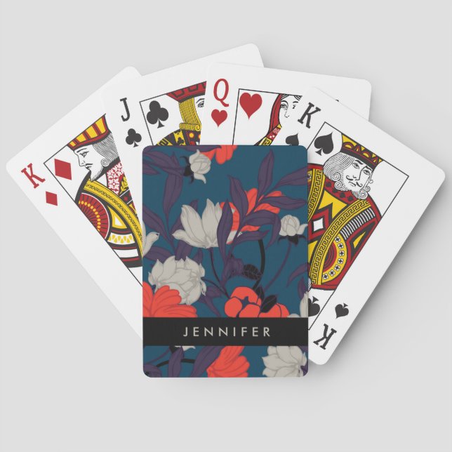 Add Your Name | Elegant Blue & Red Floral Pattern Playing Cards (Back)