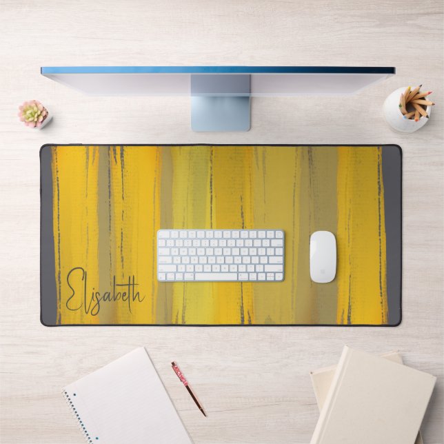  Add Your Name Elegant Modern Art Chic Grey Yellow Desk Mat (Office 1)