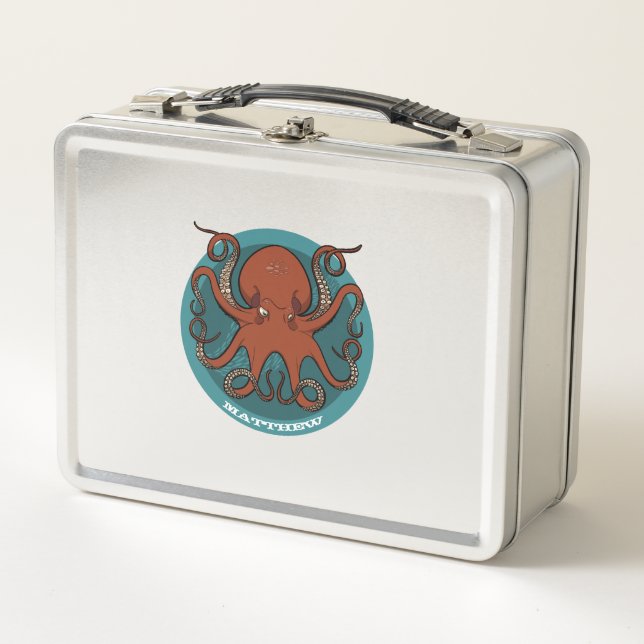 Add Your Name Fierce Red Cartoon Octopus Metal Lunch Box (Front)