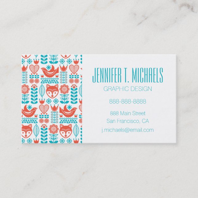 Add Your Name | Finnish Fox & Bird Folk Art Business Card (Front)
