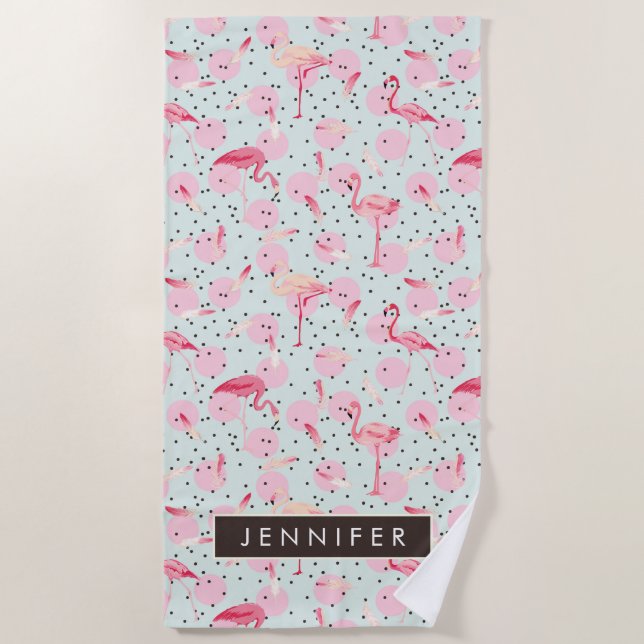 Add Your Name | Flamingo Feathers On Polka Dots Beach Towel (Front)