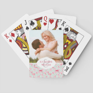 Add Your Name Flamingo Feathers On Polka Dots Playing Cards