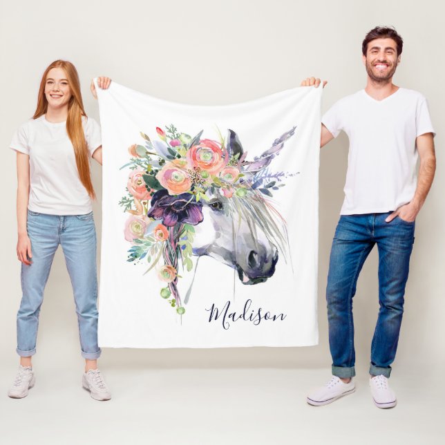 Add Your Name | Floral Dressed Unicorn Fleece Blanket (In Situ)