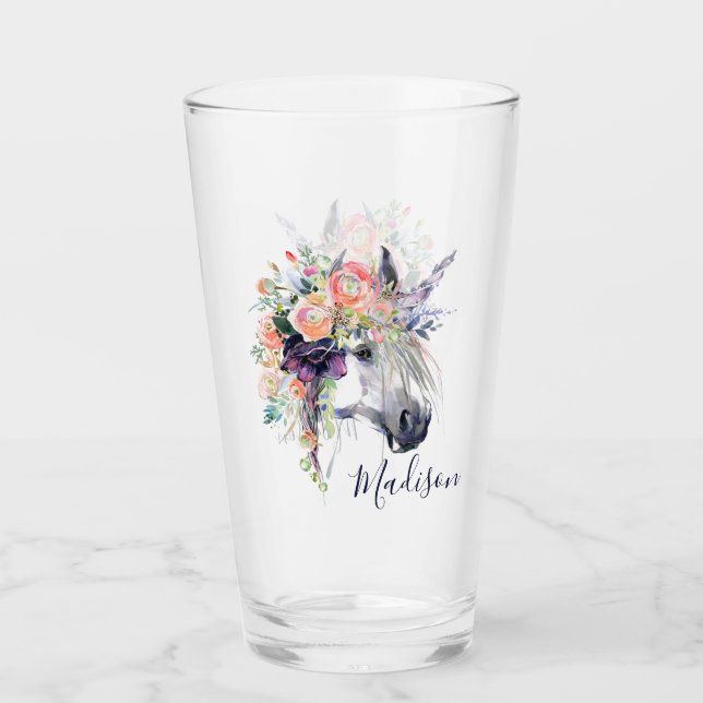 Add Your Name | Floral Dressed Unicorn Glass (Front)