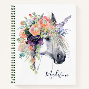Add Your Name   Floral Dressed Unicorn Notebook