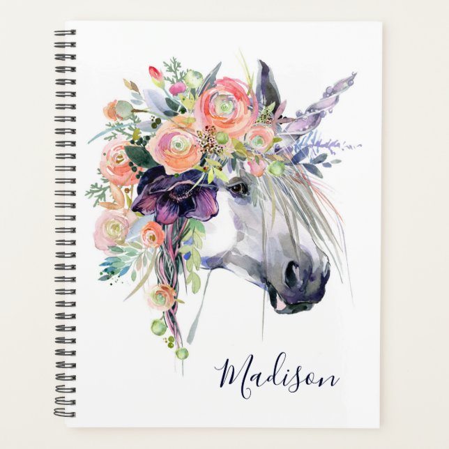 Add Your Name | Floral Dressed Unicorn Planner (Front)