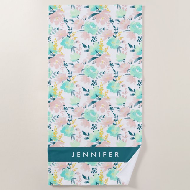 Add Your Name | Floral Watercolor Pattern Beach Towel (Front)