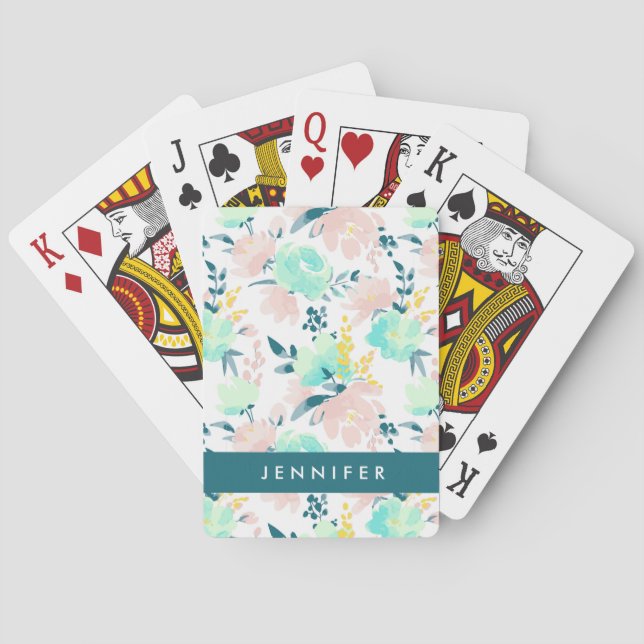 Add Your Name | Floral Watercolor Pattern Playing Cards (Back)