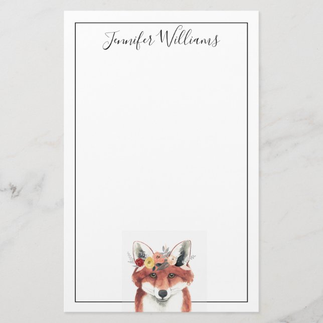 Add Your Name | Flower Crown Forester Fox Stationery (Front)