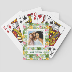 Add Your Name Flowers & Pineapple Teal Stripes Playing Cards