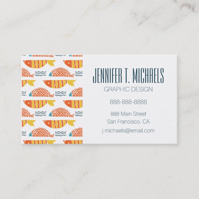 Add Your Name | Folk Art Swimming Fish Pattern Business Card (Front)