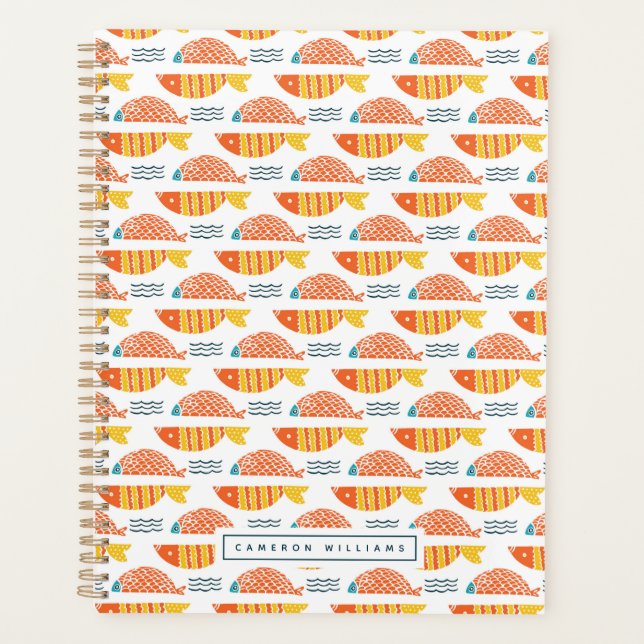 Add Your Name | Folk Art Swimming Fish Pattern Planner (Front)