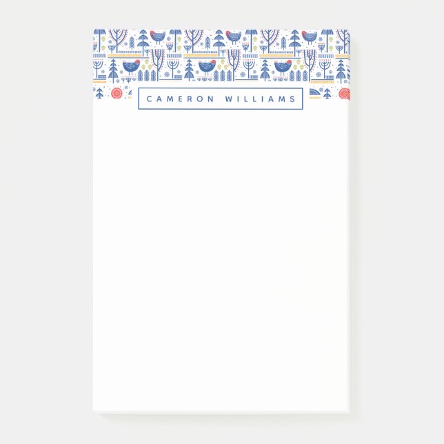 Add Your Name | Folk Art Winter Bird Pattern Post-it Notes (Front)