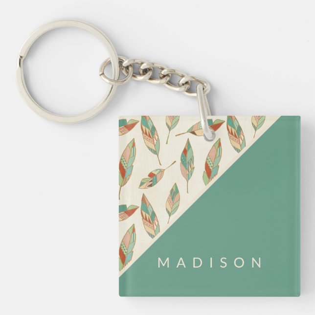 Add Your Name | Geometric Feather Pattern Key Ring (Front)