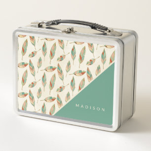 Add Your Name Geometric Feather Pattern Metal Lunch Box