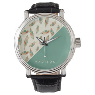 Add Your Name Geometric Feather Pattern Watch