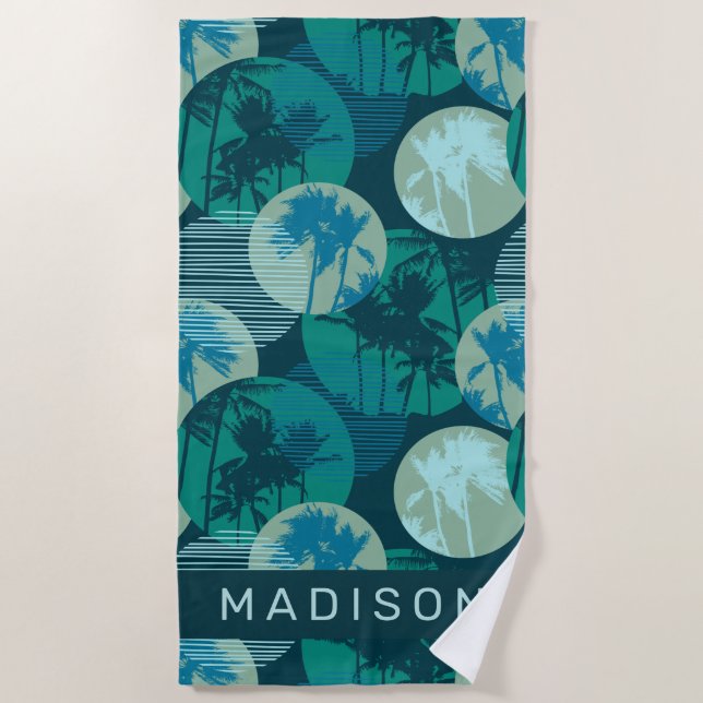 Add Your Name | Geometric Tropical Palm Trees Beach Towel (Front)