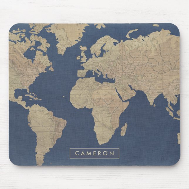 Add Your Name | Gold and Blue World Map Mouse Mat (Front)