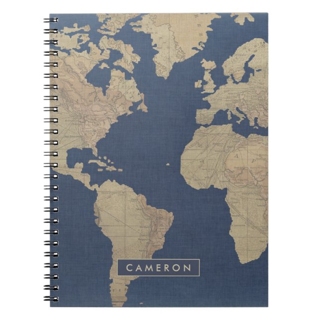 Add Your Name | Gold and Blue World Map Notebook (Front)
