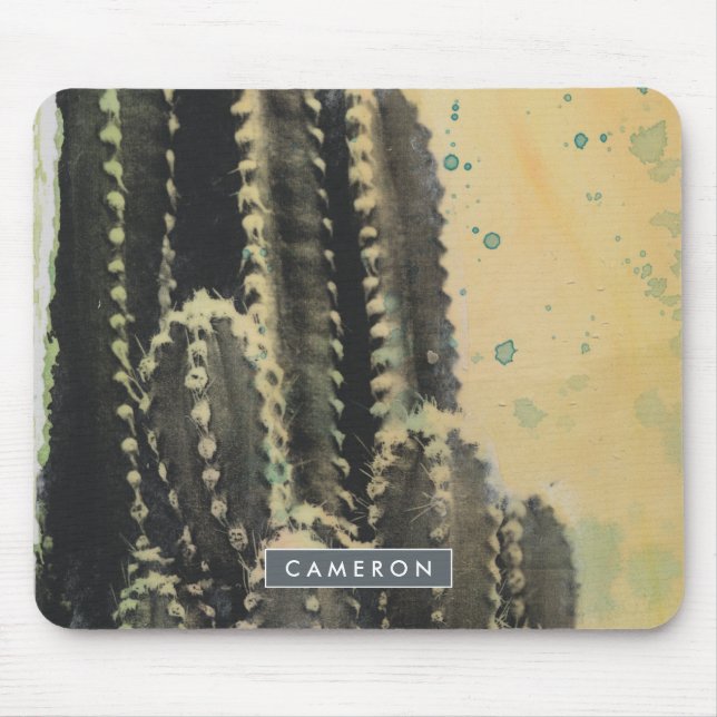 Add Your Name | Green Cactus on Yellow Background Mouse Mat (Front)