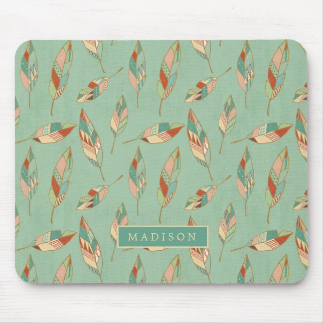 Add Your Name | Green Feather Pattern Mouse Mat (Front)