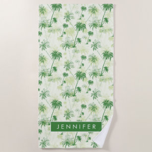 Add Your Name Green Palm Tree Pattern Beach Towel