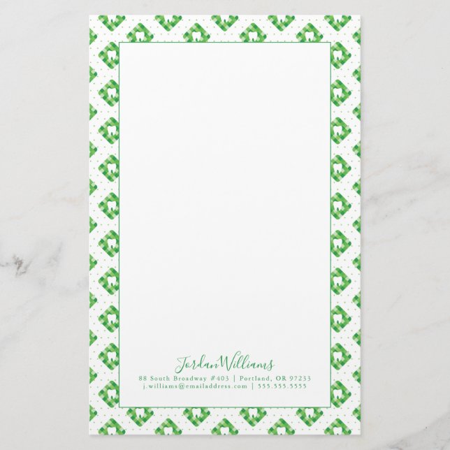 Add Your Name | Green Plaid Tooth Pattern Stationery (Front)