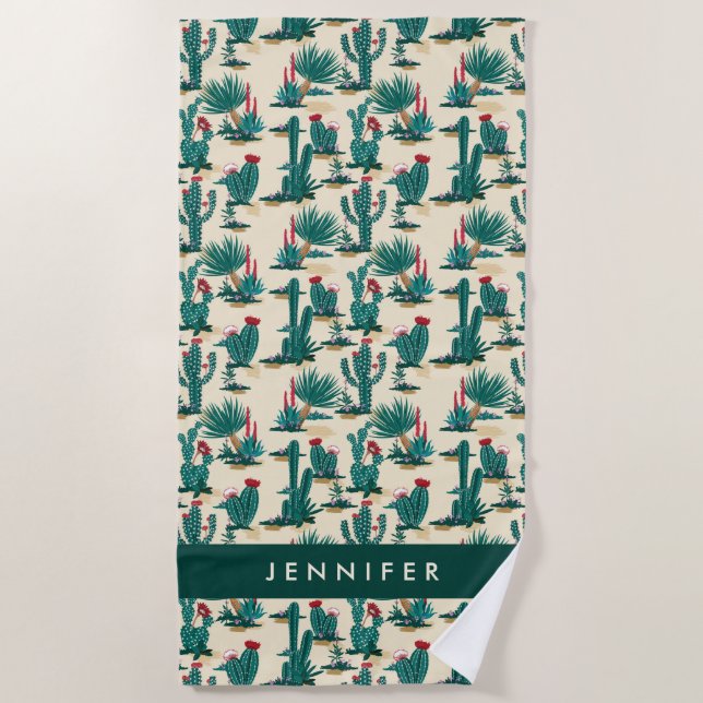 Add Your Name | Green & Red Cactus Pattern Beach Towel (Front)